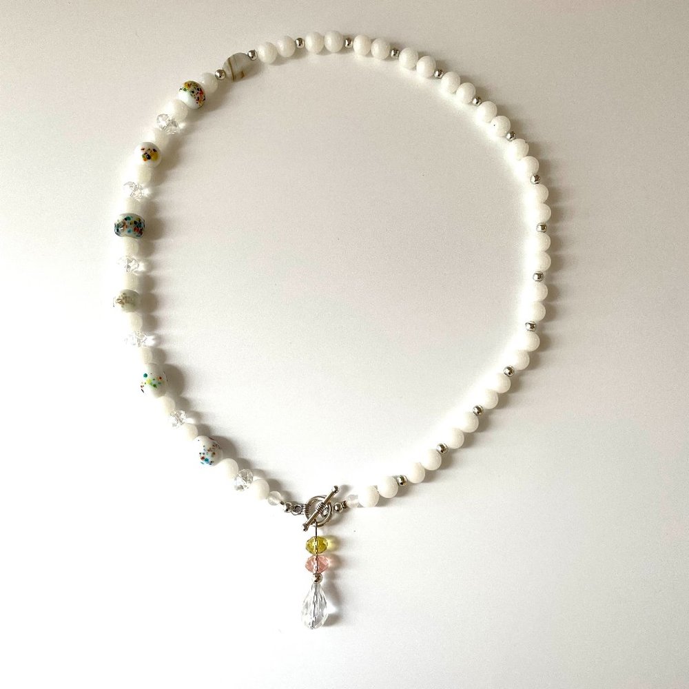 White Murano Glass Necklace, Quartz, Czechoslovakia Faceted Crystal Glass Beads.